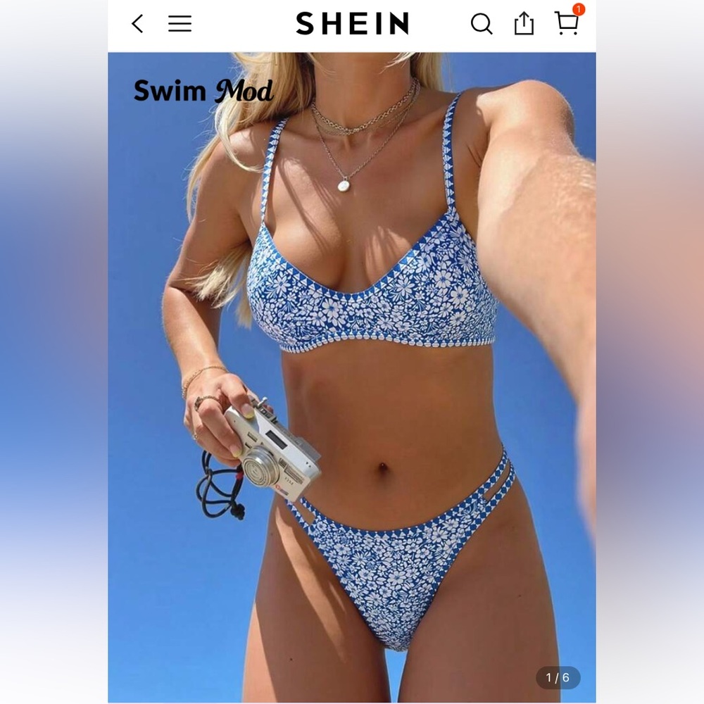 SHEIN Blue and White Floral Bikini NWT